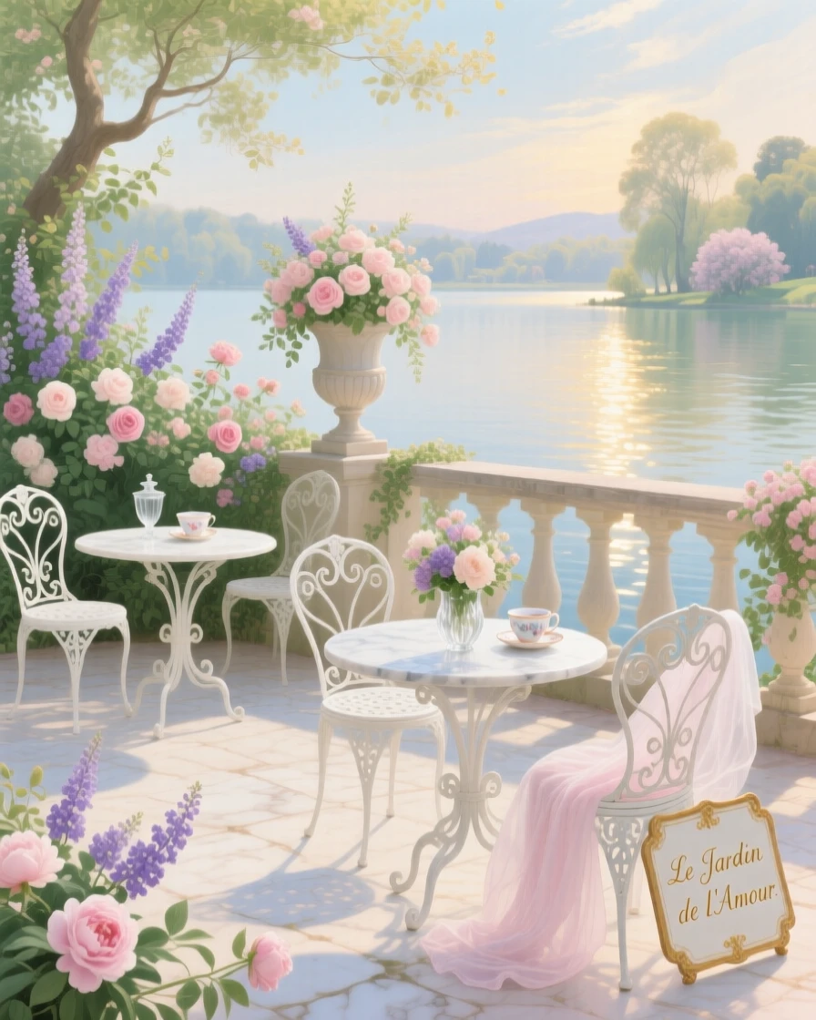 A lakeside terrace filled with flowering urns and white chairs  