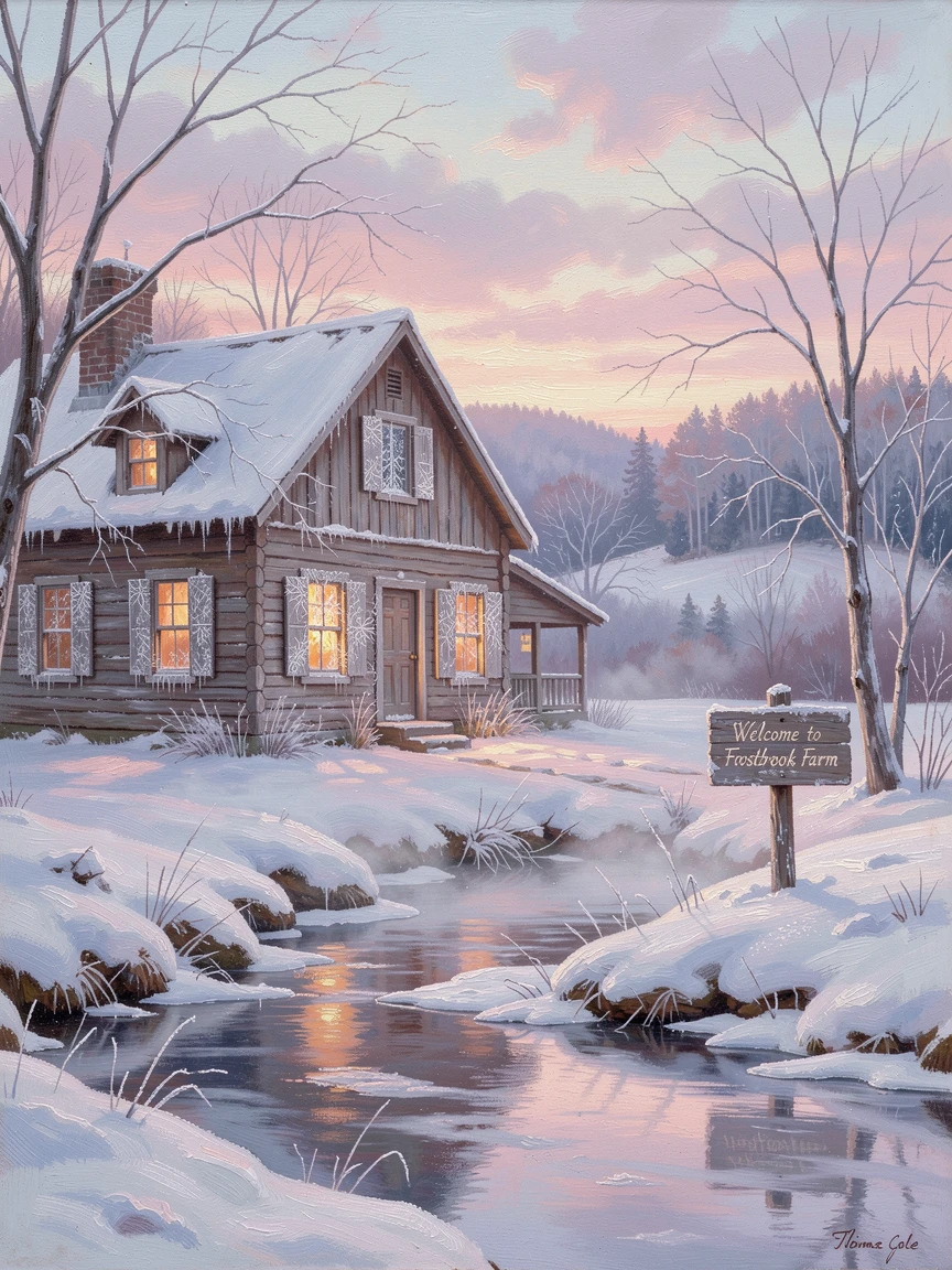 Frost patterns drift across a quiet farmhouse in deep winter as the world awakens after winter.