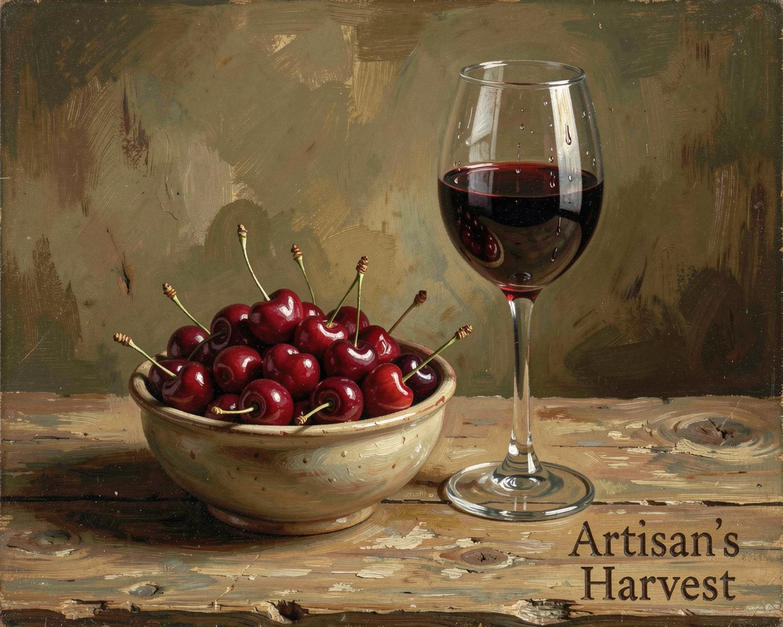 A bowl of ripe cherries beside a glass of red wine on a rustic table, captured with meticulous attention to material and craftsmanship, celebrating the beauty found in fine craftsmanship and detail