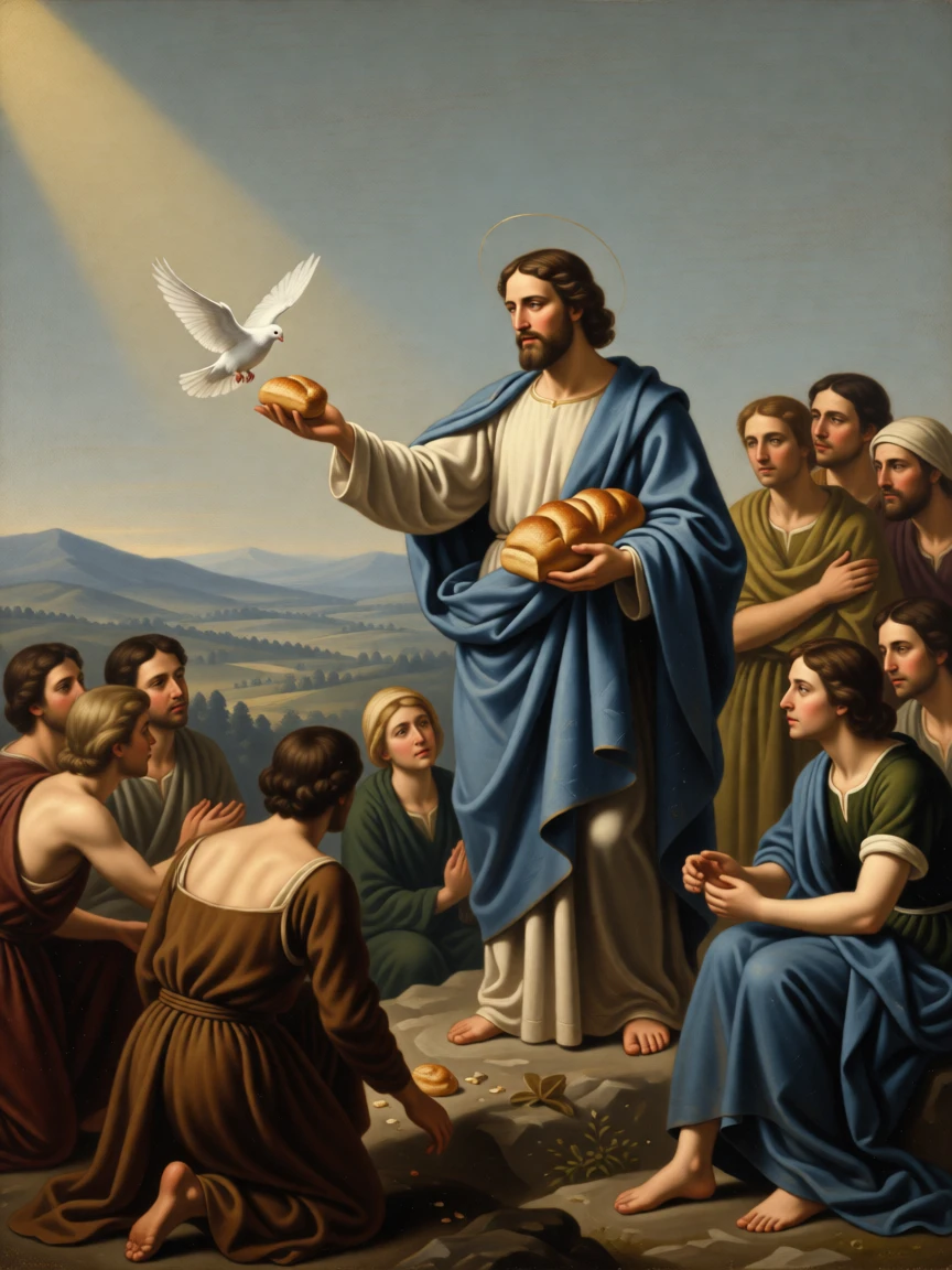 A saint offering bread to a gathering of the poor and hungry as ancient wisdom passes gently to the next generation, set atop a remote mountain overlooking an endless valley, with a single dove or beam of light marking the sacred moment; quiet, uncluttered space allows the emotional core room to breathe, evoking reverence, humility, and quiet transcendence.