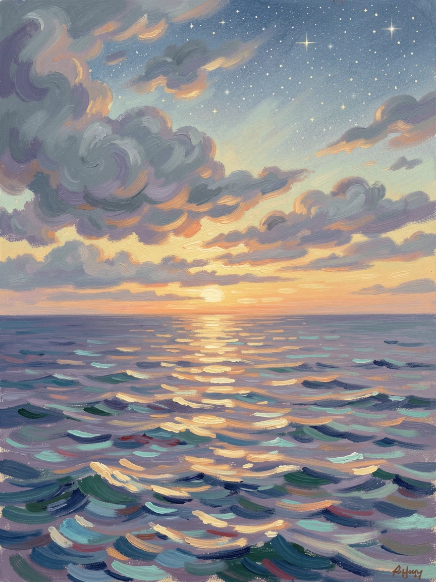 A dramatic sunset over the ocean, storm clouds parting to reveal shafts of golden light on the water, under a canopy of stars.