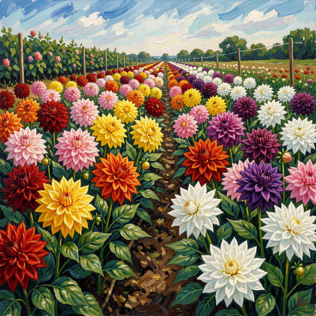 A cutting garden with rows of dahlias in every shade, ready for harvest.