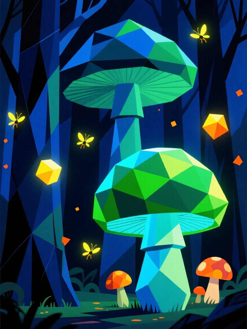 A glowing fairy tale forest with luminous mushrooms and floating fireflies at night.