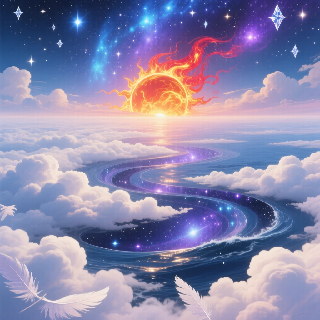 A sun setting into an ocean made entirely of soft clouds drifts slowly through an endless field of stars, as clouds part gently to reveal deeper layers of stars beyond.