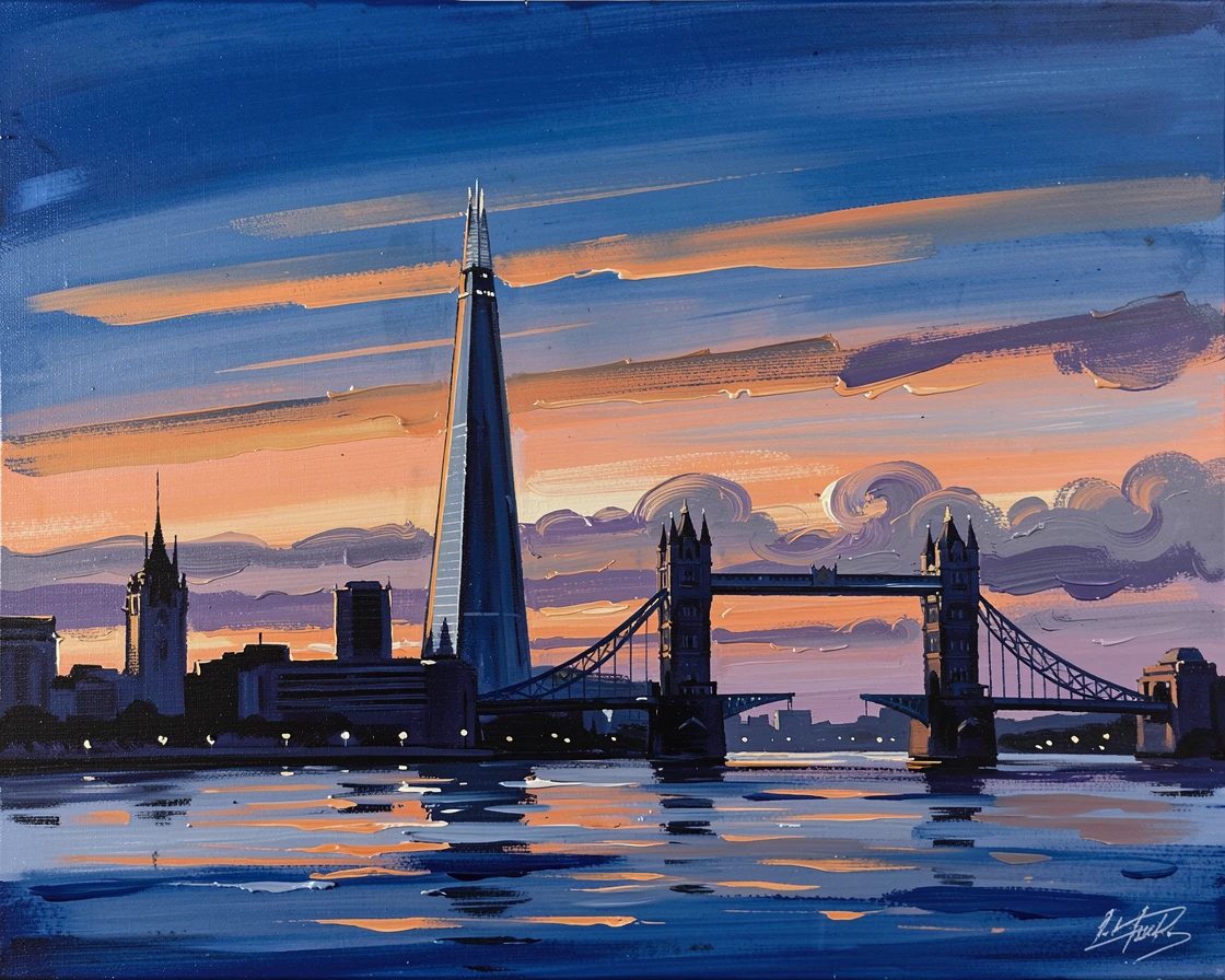The London skyline glows at dusk with the Shard and Tower Bridge silhouetted against a deep blue sky streaked with the last orange light, distant weather visible on the horizon hinting at conditions that will arrive within the hour.