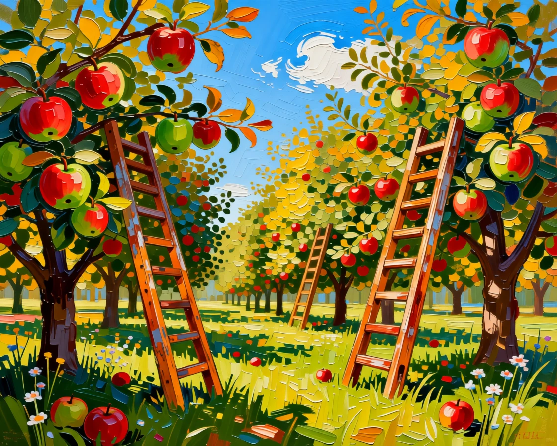 An orchard heavy with ripe apples, ladders leaning against the trees