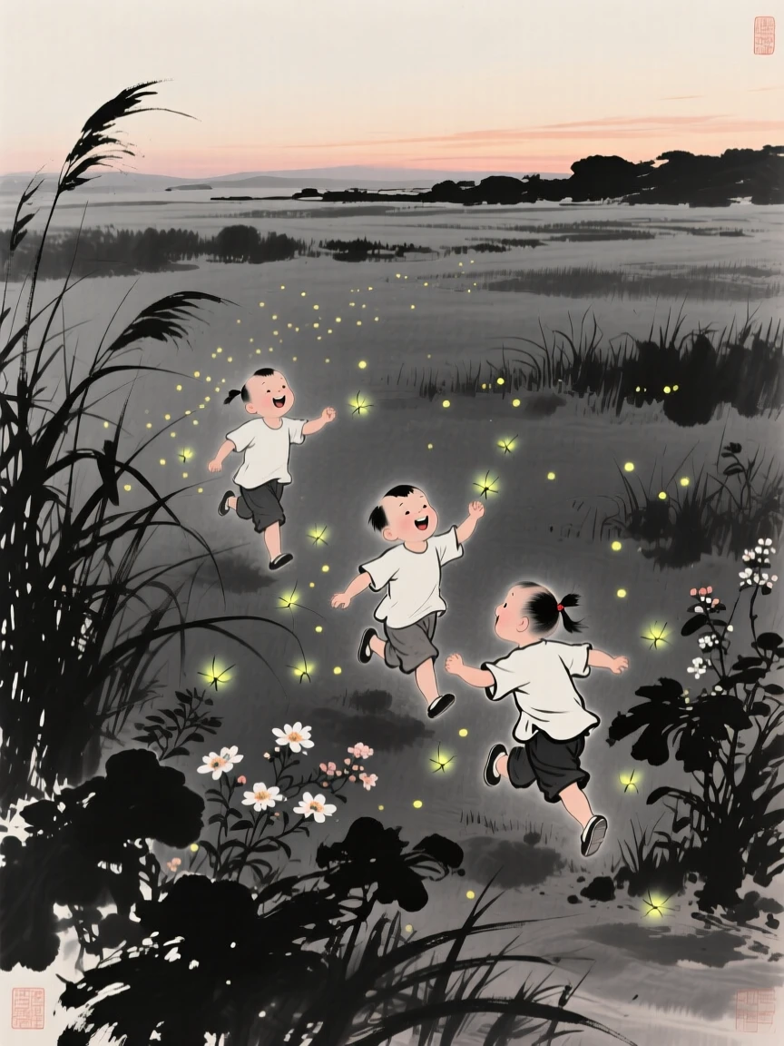 Children chase fireflies through a garden at dusk, as laughter echoes across the open field.