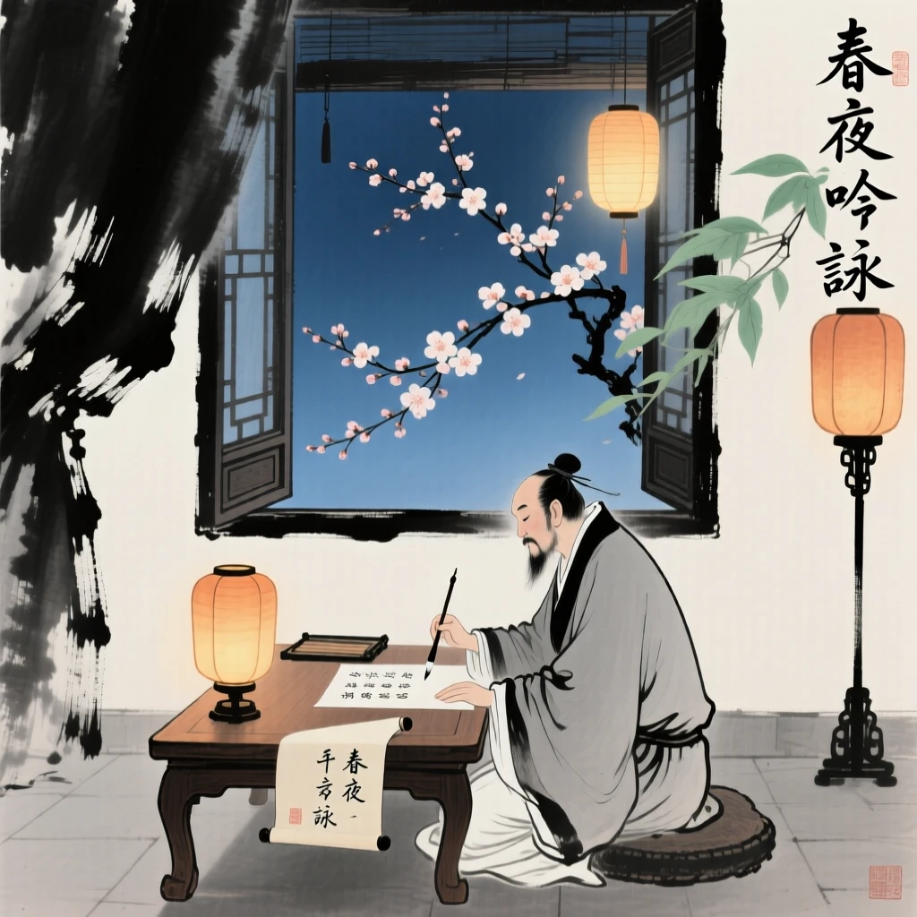 A scholar seated at a low table composing poetry beside an open window, as lanterns are lit for the evening, as spring blossoms unfold.