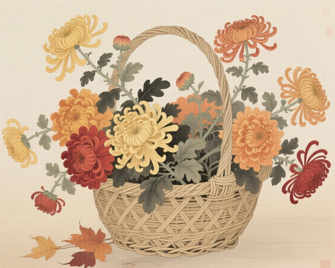 A woven basket overflowing with autumn chrysanthemums