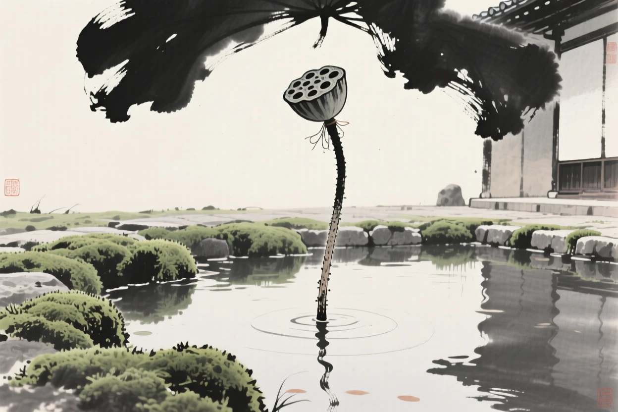 A solitary lotus pod rising above still water at the edge of a moss-covered courtyard, seen from a low angle looking upward, celebrating the fleeting beauty of the season.