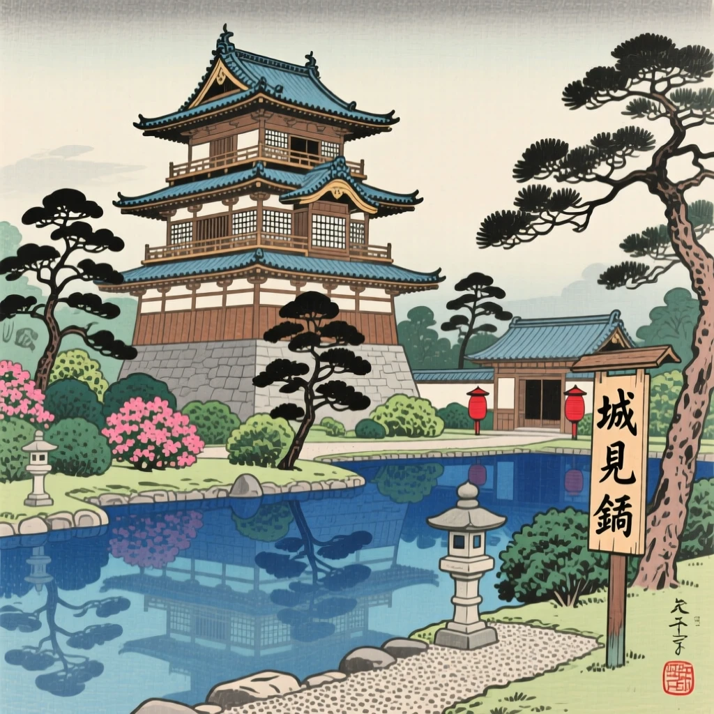 An ancient city watchtower with manicured gardens and reflecting pools.
