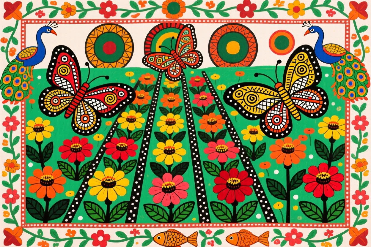 A garden filled with butterflies visiting rows of blooming zinnias.