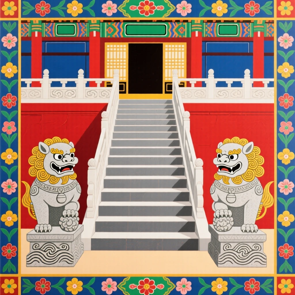 A pair of stone guardian lions flanking a palace staircase.
