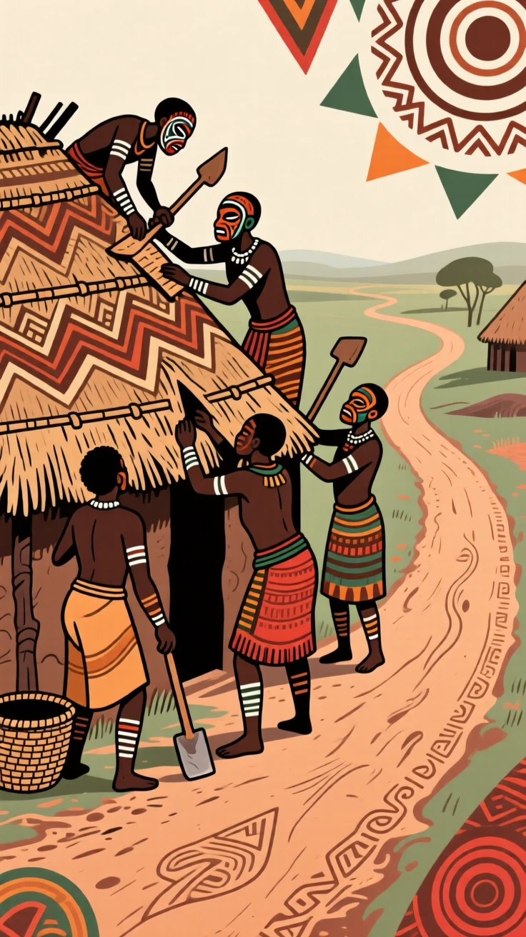 Villagers repairing a thatched roof together along a winding dirt road.