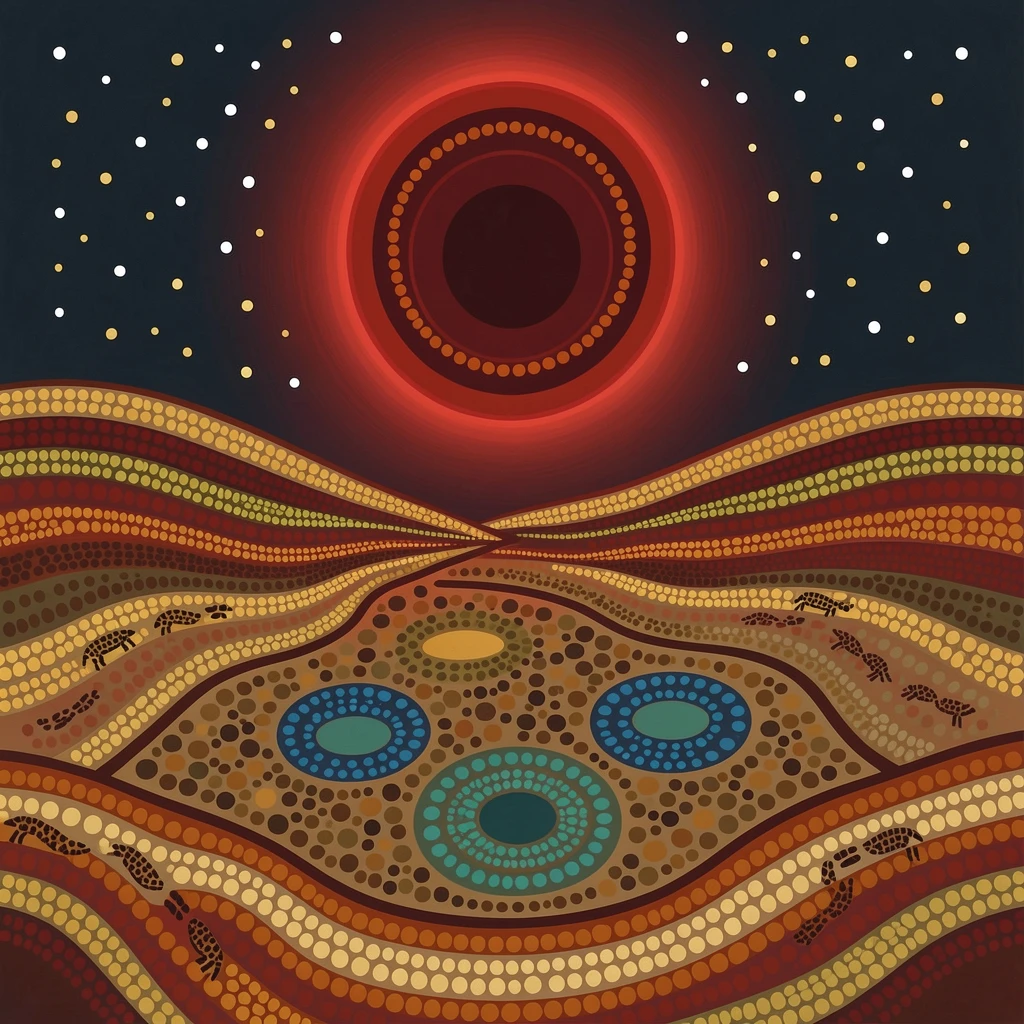 A lunar eclipse glowing deep red over a valley over rolling hills