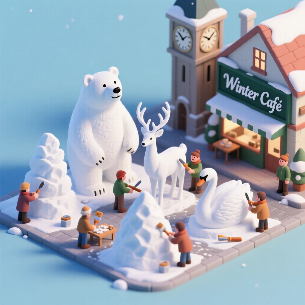 A snow sculpture competition in a town square, teams carving elaborate animal shapes from tall mounds of packed snow.