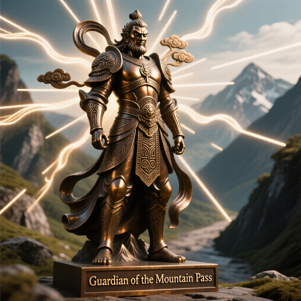 A spirit guardian standing watch at a mountain pass, surrounded by radiant beams of light, radiating awe and grandeur