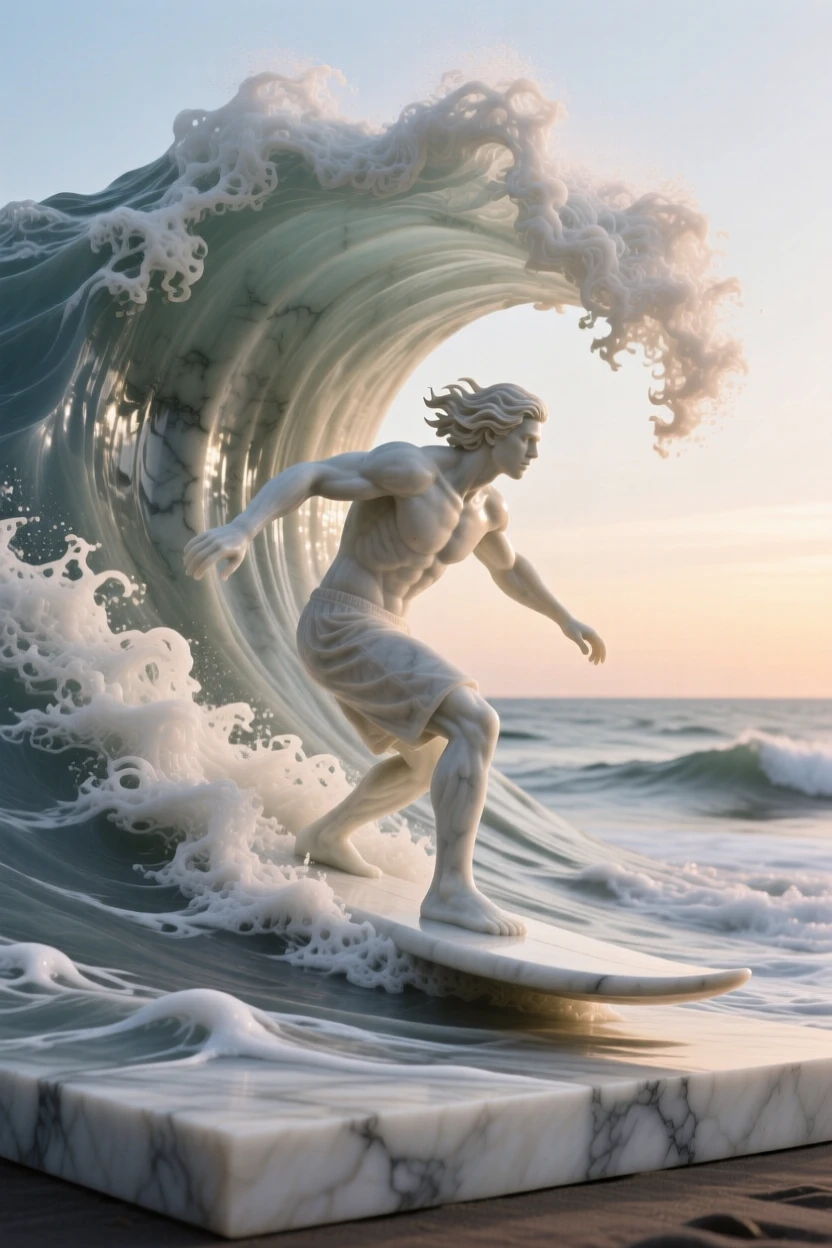A beautifully composed image of a surfer riding a towering wave at dawn, surrounded by soft, glowing light, full of atmosphere and visual storytelling