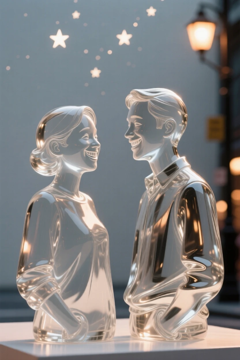 Two strangers sharing a kind smile on a busy street as the first stars begin to appear overhead