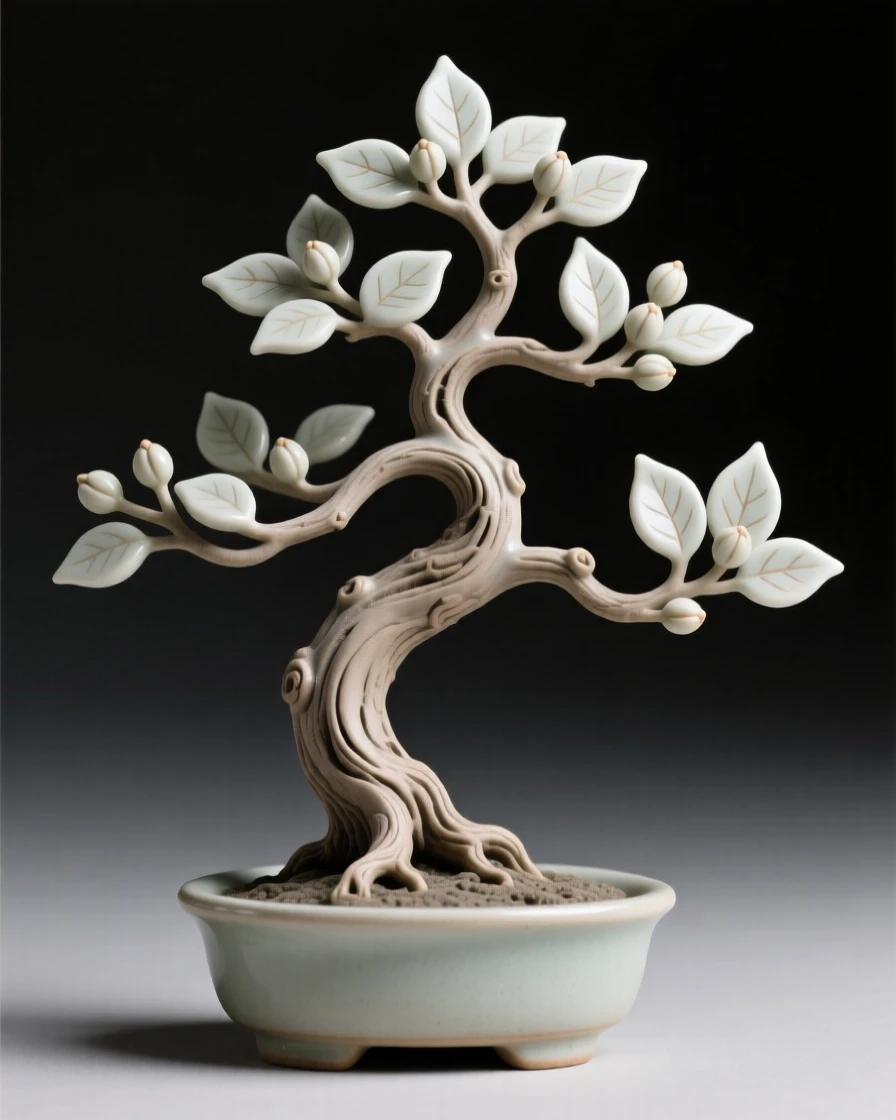 A bonsai tree shaped by patient hands arranged as if freshly gathered, with veins tracing intricate natural patterns, evoking fragile beauty and quiet renewal.