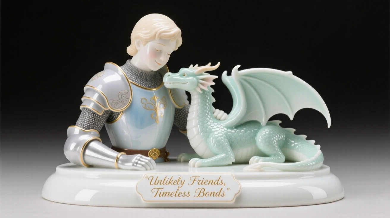 A storybook depiction of a brave knight and a friendly dragon sharing an unlikely moment of friendship, rendered with warm, nostalgic charm.