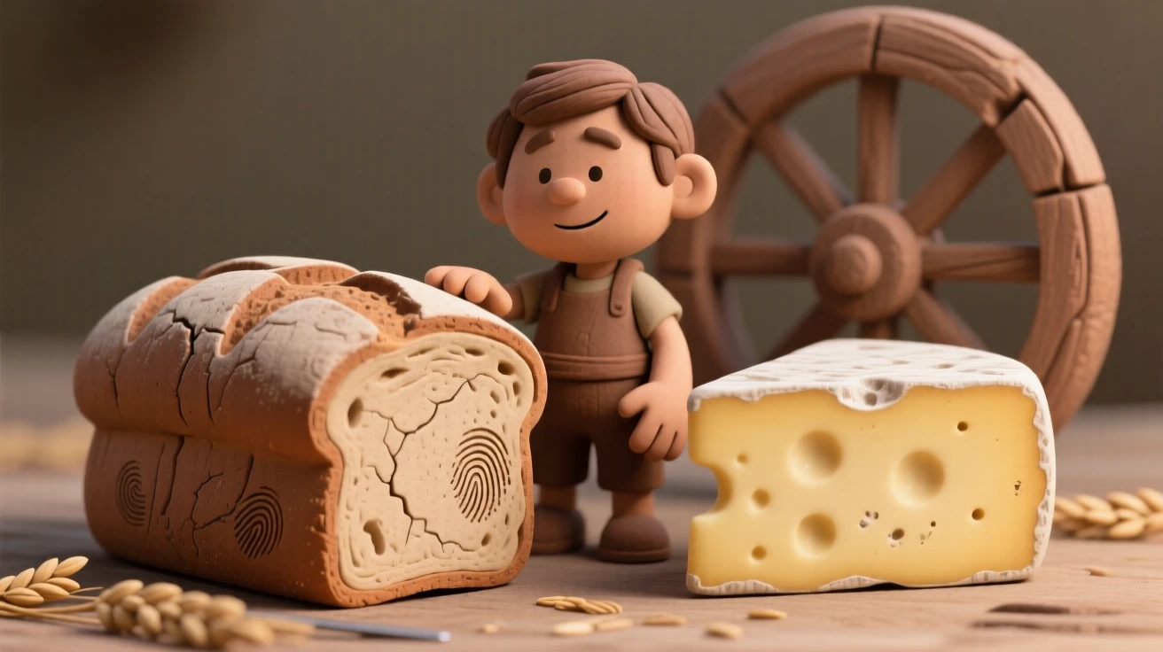 A rustic loaf of rye bread beside a wheel of aged cheese