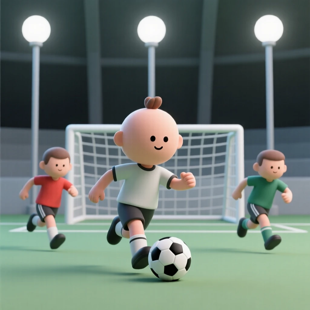 A determined soccer player dribbles a ball past defenders, sprinting toward the goal beneath bright stadium lights.