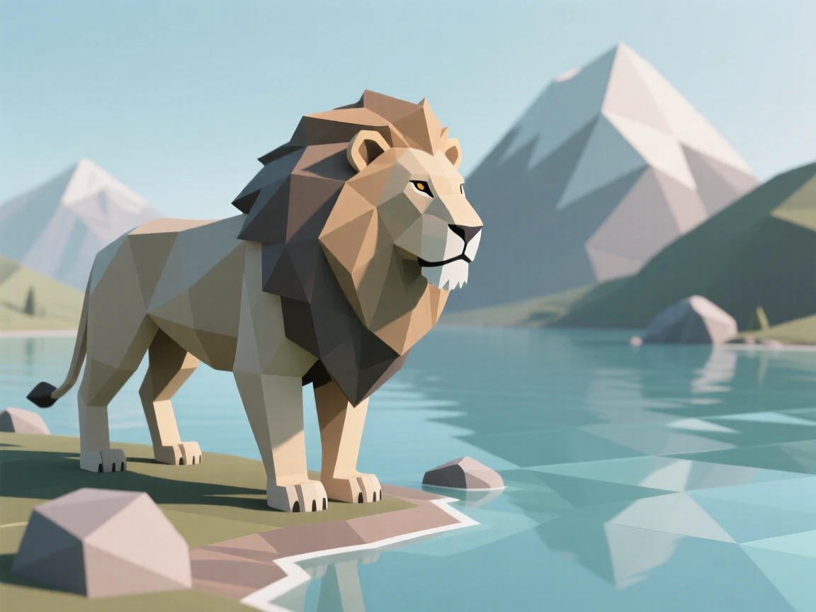 A majestic lion with a flowing mane, beside a crystal-clear mountain lake. soft natural light highlights every texture. A feeling of serenity washes over the moment.
