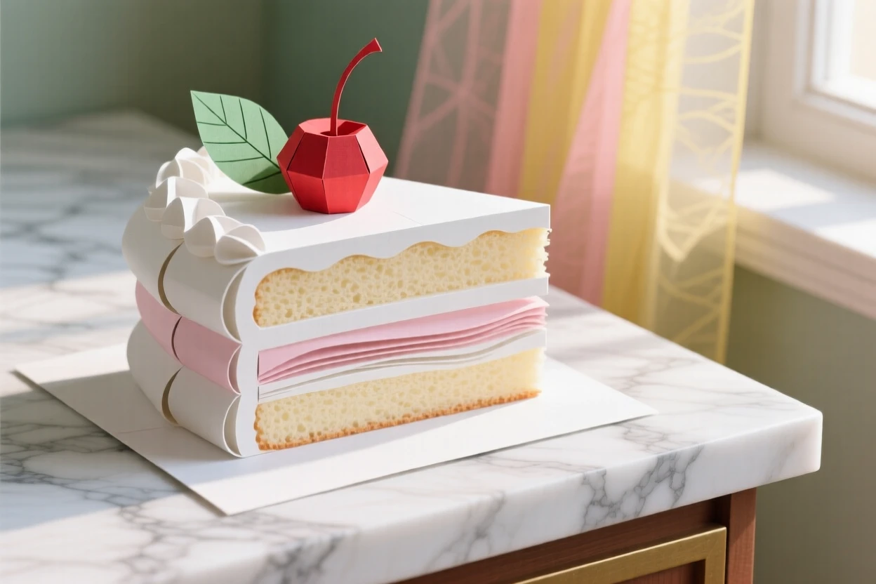 A decadent slice of layered cake displayed on an elegant marble counter, with morning light catching every texture, evoking comfort and rich flavor.