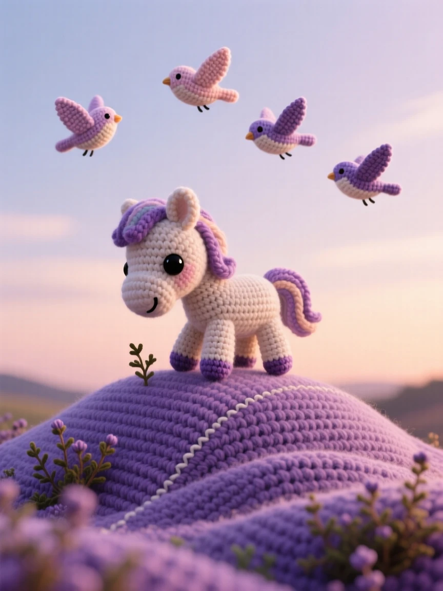 a rolling hill covered in heather, glowing purple under a soft evening sky, dotted with a single grazing pony surrounded by the quiet hush of early morning; a small flock of birds passing overhead completes the scene, full of peaceful, untouched natural beauty.