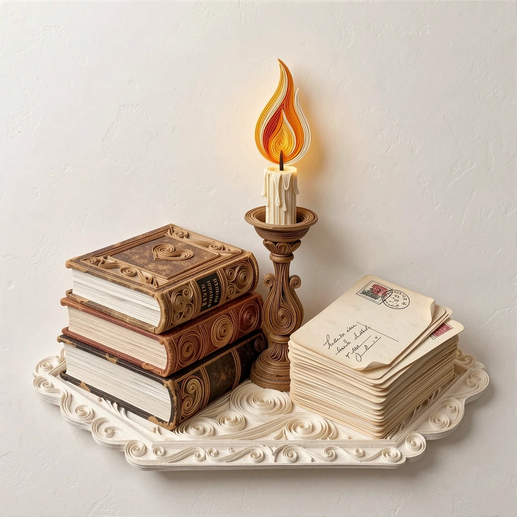 a stack of vintage books beside a lit candle, on a tray beside a stack of vintage postcards, shown from a cozy eye-level perspective, in warm, appetizing tones of amber and cream.