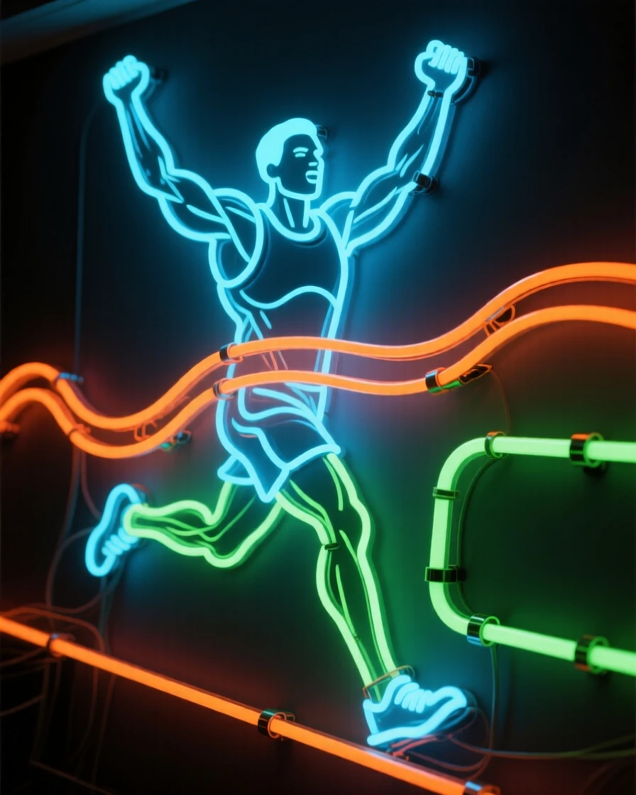 A marathon runner crossing the finish line arms raised.