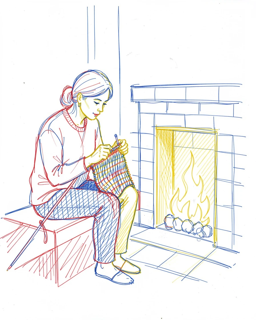 A knitter working on a colorful scarf beside a crackling fireplace