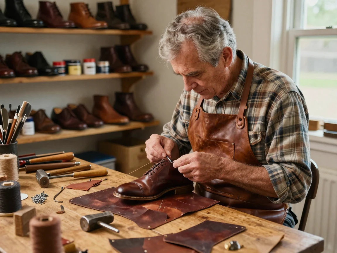 A traditional cobbler stitching leather shoes by hand