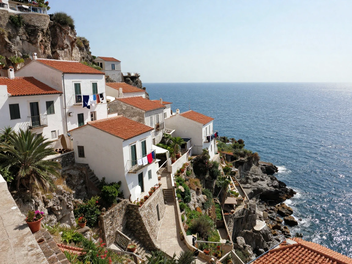 A cliffside village of white houses cascades down toward a sparkling sea below.