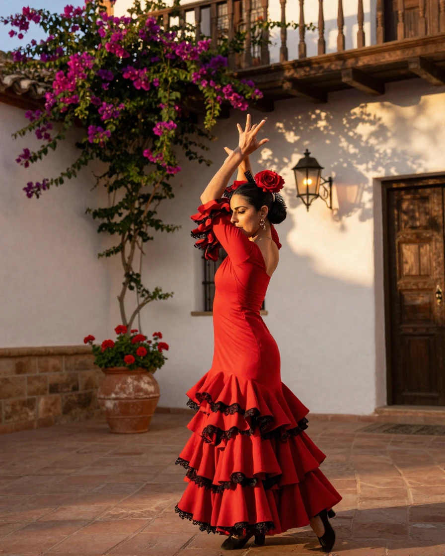 A traditional flamenco dancer performing passionately in a Spanish courtyard