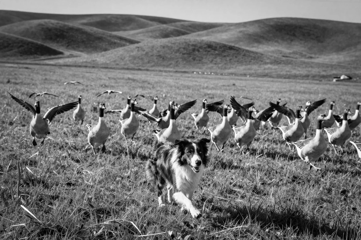 A herding dog rounds up scattered geese across a wide open pasture.
