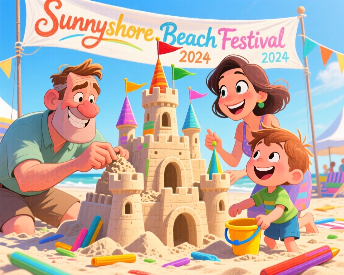 A family building an elaborate sandcastle during a traditional beach festival.