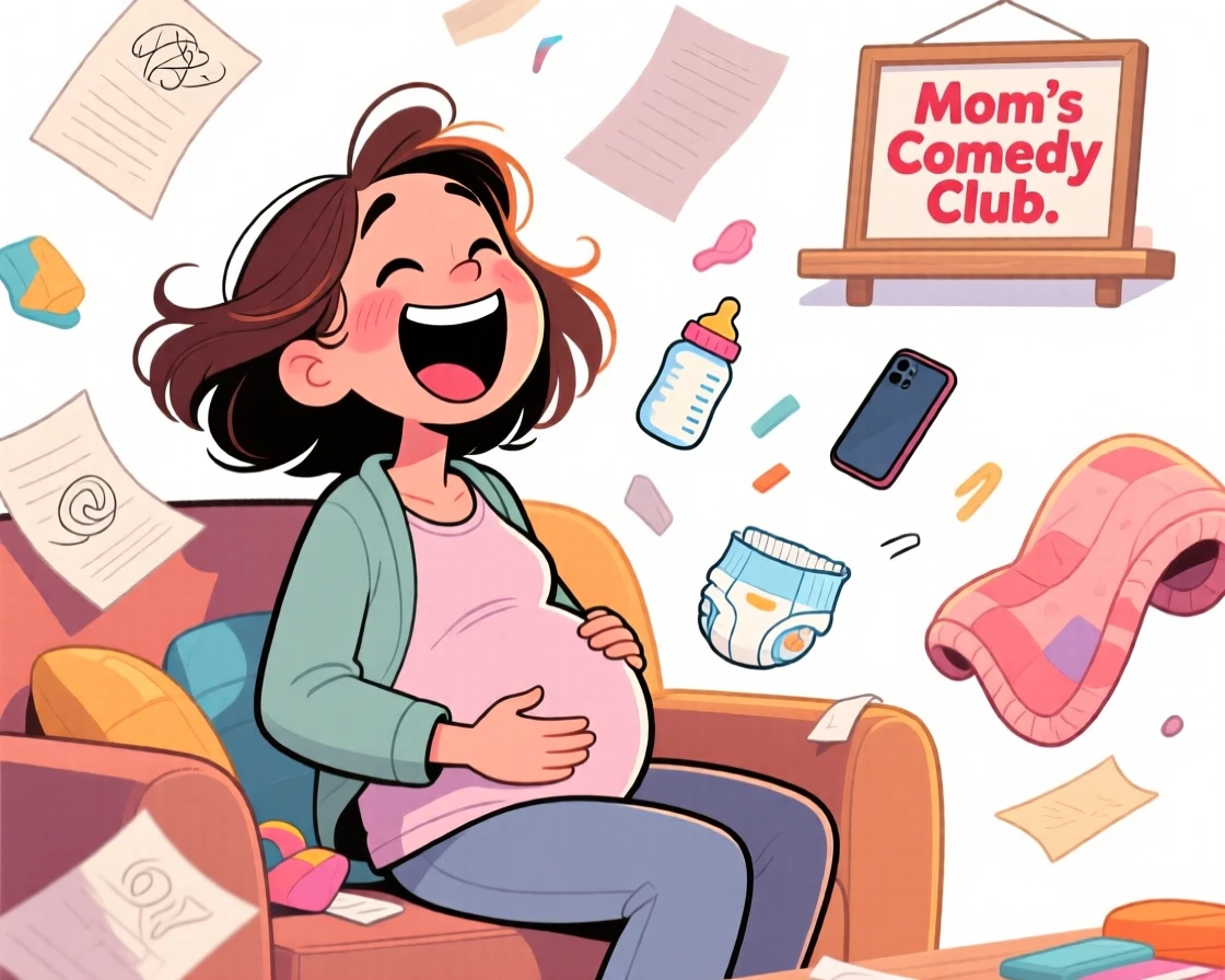 A funny expressive moment showing a new mom laughing uncontrollably at their own joke, as papers and belongings scatter everywhere.