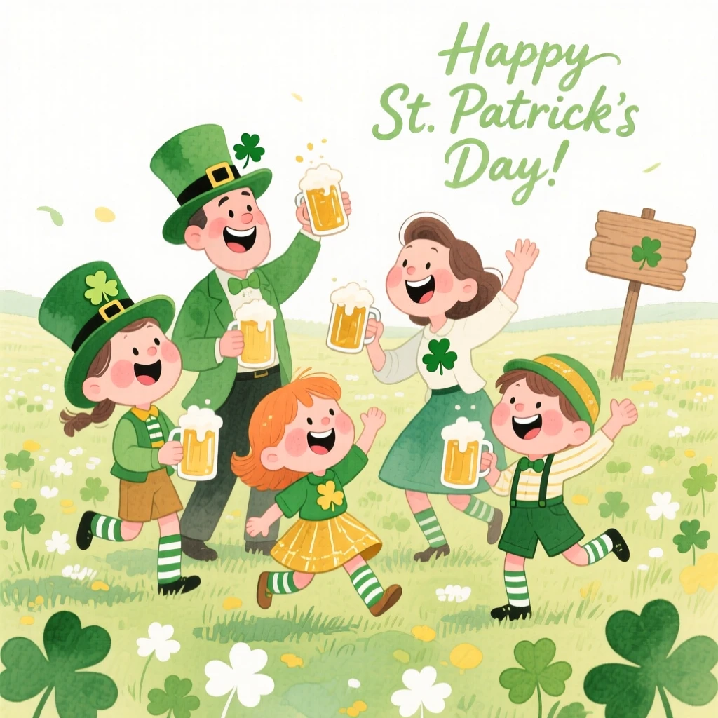 A joyful celebration scene of a St. Patrick's Day celebration with clover-covered fields, radiating cozy holiday cheer