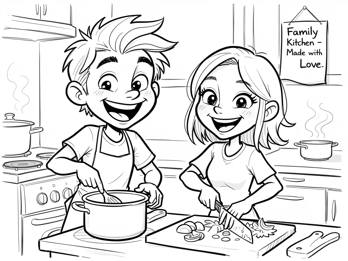 [Family & Relationship Moments] Heartwarming scene of a joyful brother and sister cooking a meal side by side, radiating love and warmth