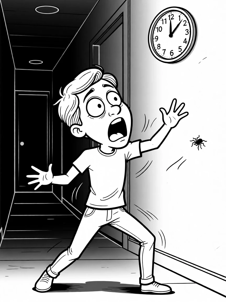A person overreacting wildly to a tiny spider, checking the clock with wide, panicked eyes, set in a dark hallway at home. A clock on the wall reads an alarmingly late hour. The scene captures the comedy hidden in ordinary days.