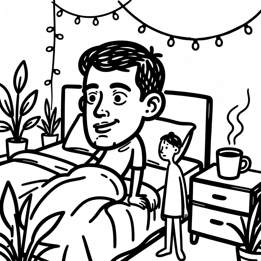 A cozy bedroom scene with fairy lights, plants, and a steaming mug on the nightstand.