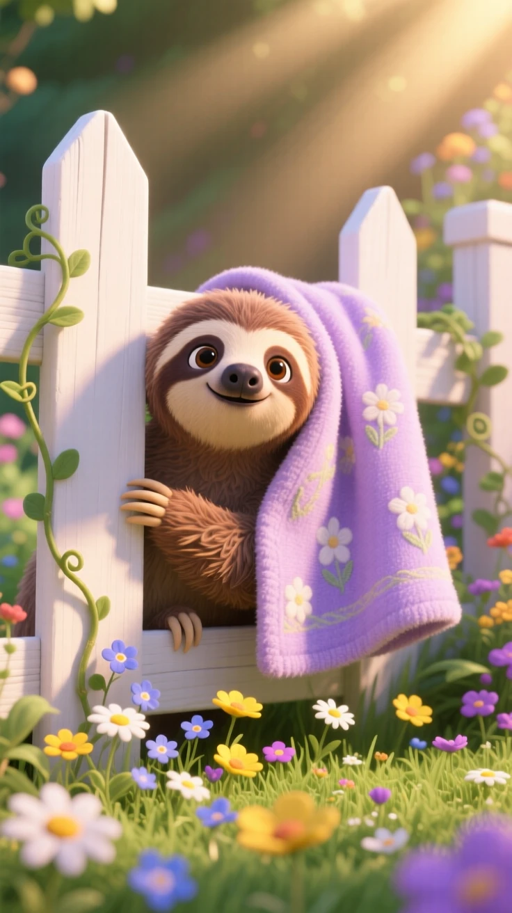 A baby sloth is peeking through a garden fence, nuzzling against a soft blanket. The scene feels warm and heartwarming, with a scattering of small flowers around it.