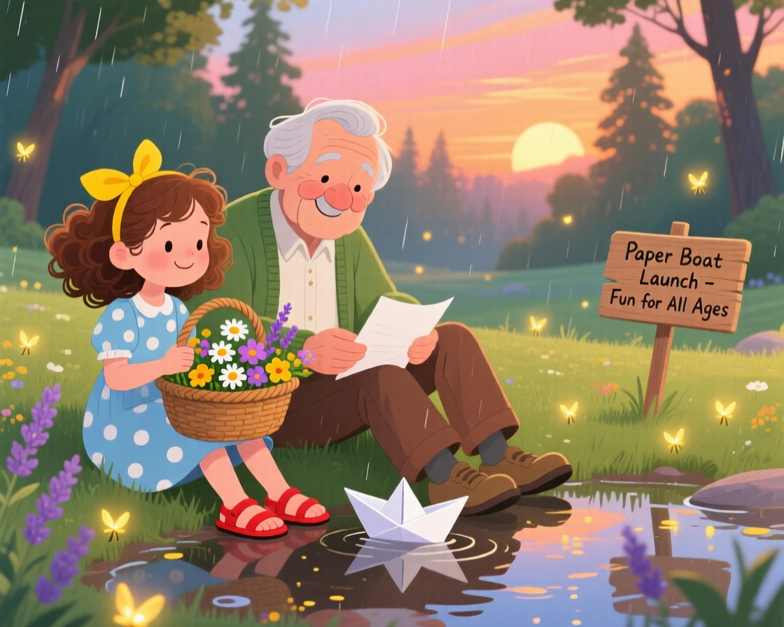 A girl with a basket of flowers spends the afternoon making paper boats to float in a puddle with his grandfather, as fireflies begin to twinkle.