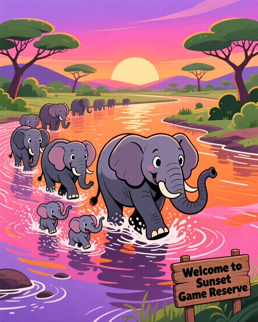 A herd of elephants crossing a river at sunset in a game reserve.