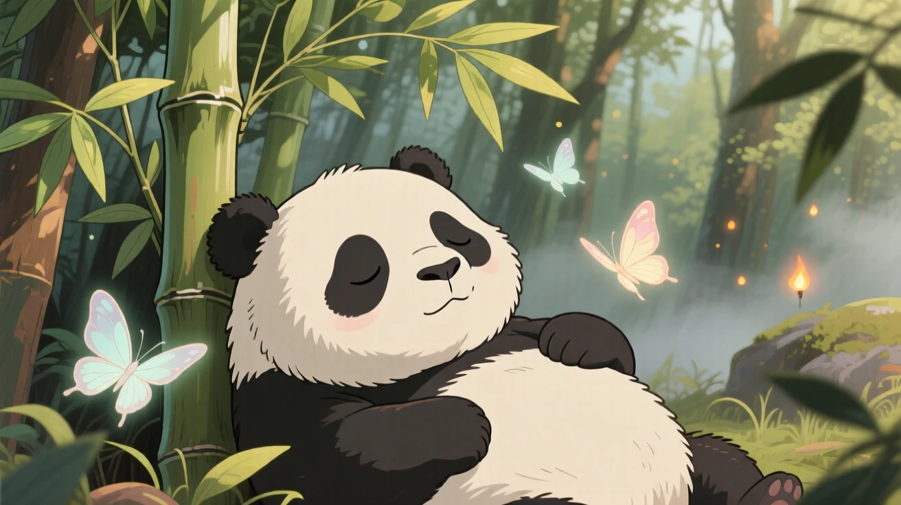 A sleepy panda resting against a bamboo stalk, as butterflies flutter past, radiating pure charm.