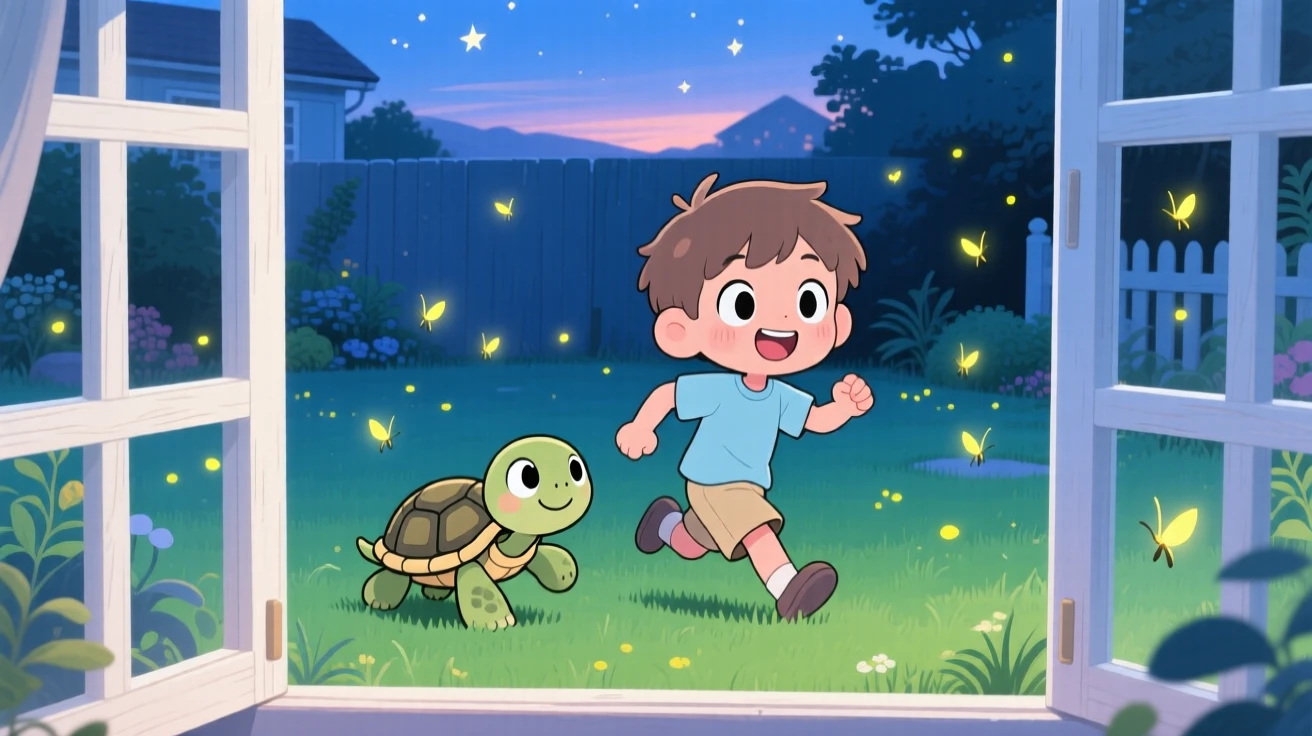 In a sunny garden lawn, a boy and a turtle are racing slowly across the backyard as fireflies begin to glow at dusk, bathed in cool blue twilight glow, expression full of wide-eyed wonder. Shot as a framed through a window.