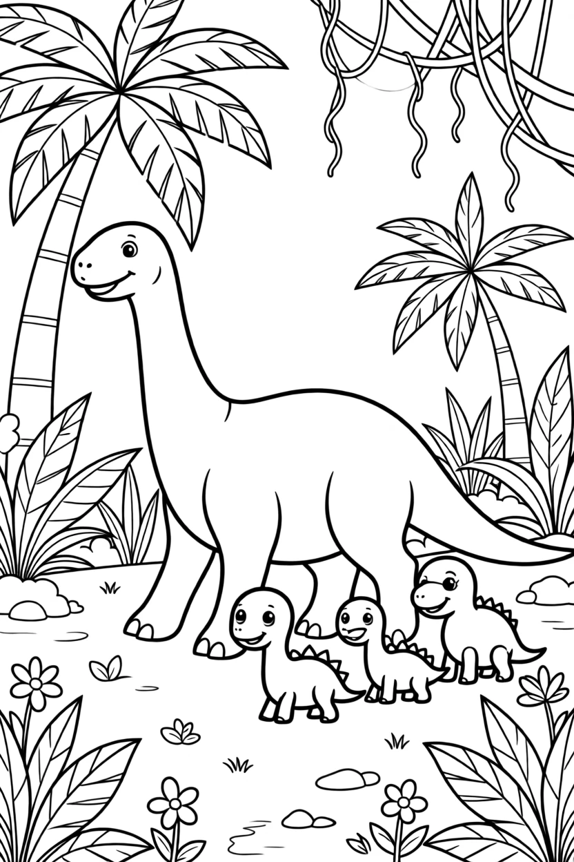 A group of baby dinosaurs following their mother through the jungle