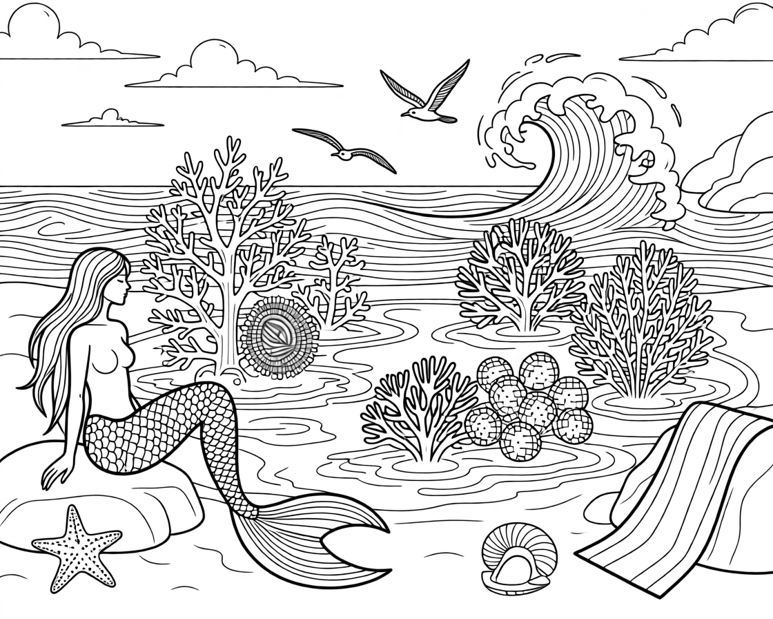 A mermaid lagoon surrounded by glowing coral, with waves crashing dramatically in the background.